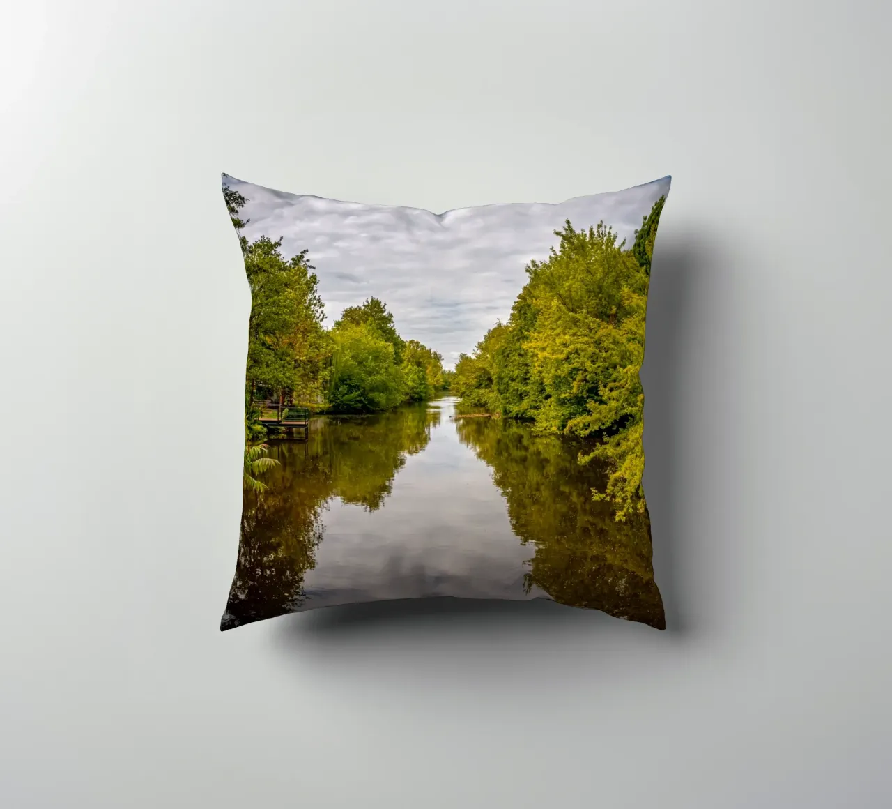 View of the river Saale with reflections of the trees on the bank decorative cushion by Marcus Beckert | Fotografie