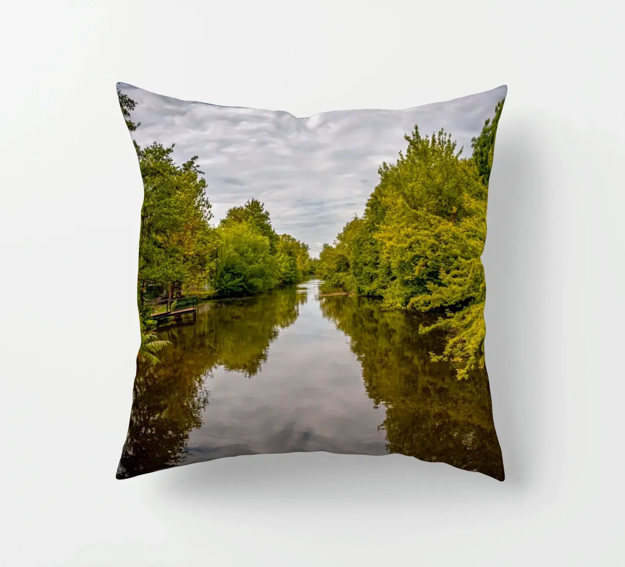 View of the river Saale with reflections of the trees on the bank decorative cushion by Marcus Beckert | Fotografie