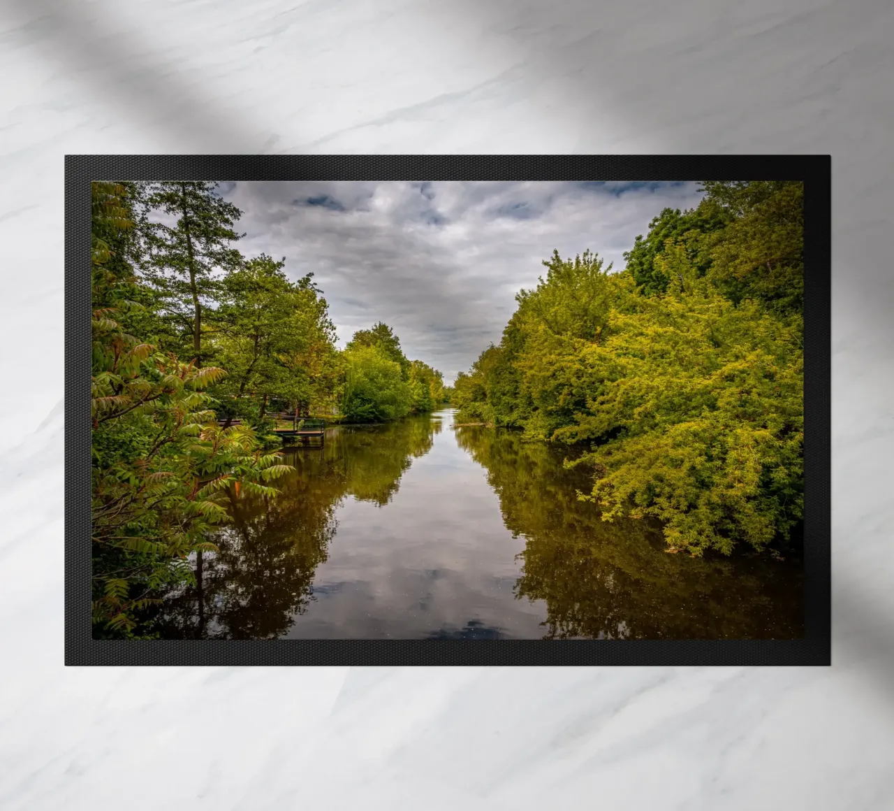 View of the river Saale with reflections of the trees on the bank doormat by Marcus Beckert | Fotografie