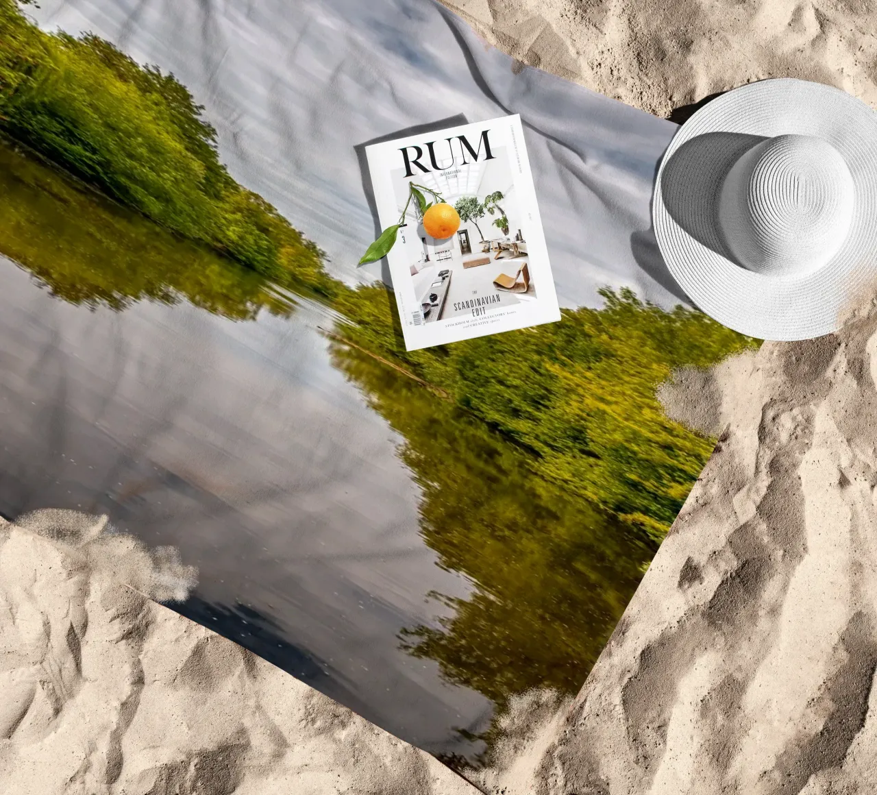 View of the river Saale with reflections of the trees on the bank beach towel by Marcus Beckert | Fotografie