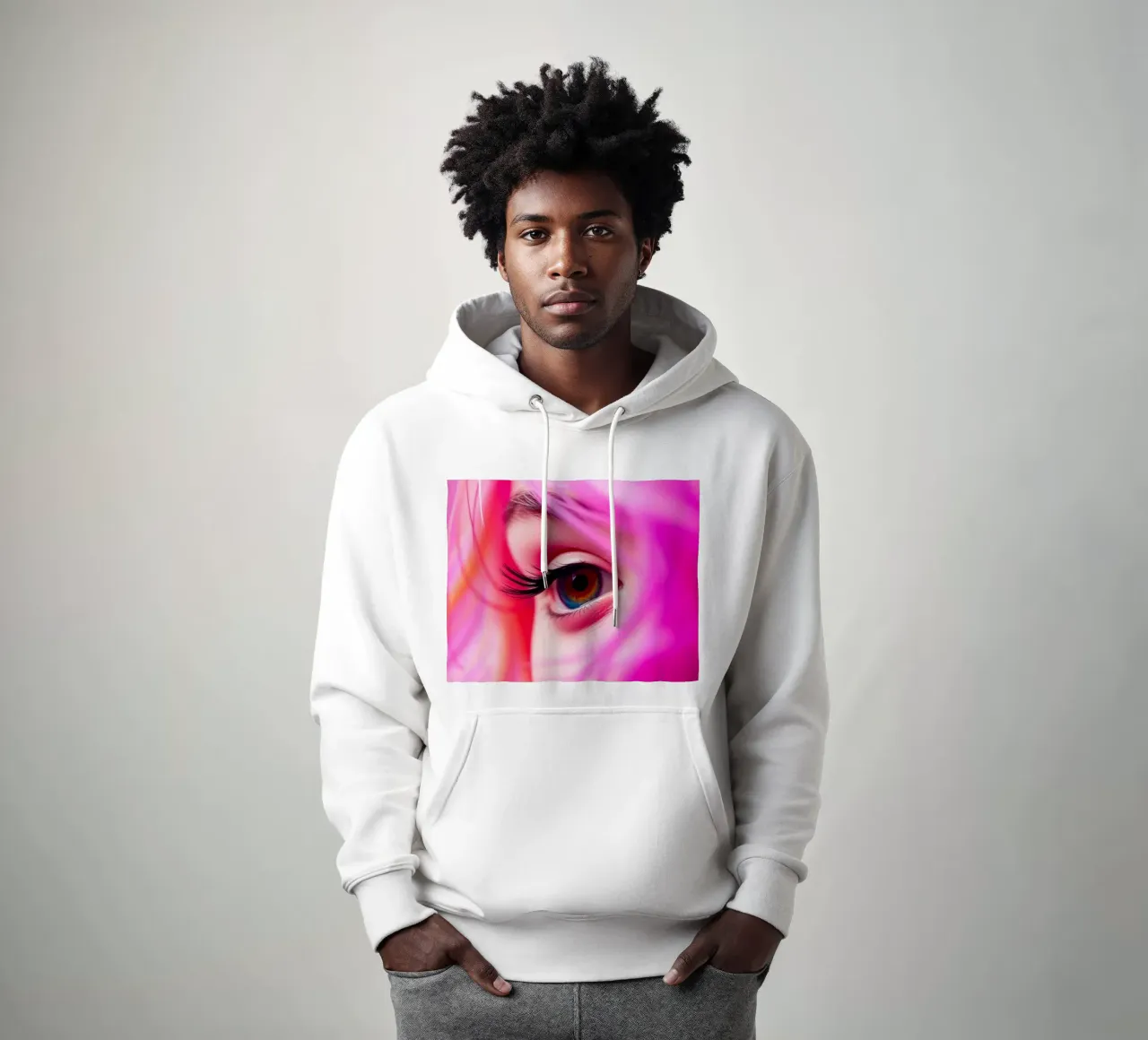 primer plano de un ojo con maquillaje colorido y pelo rosa sudadera con capucha de DesignDoodle