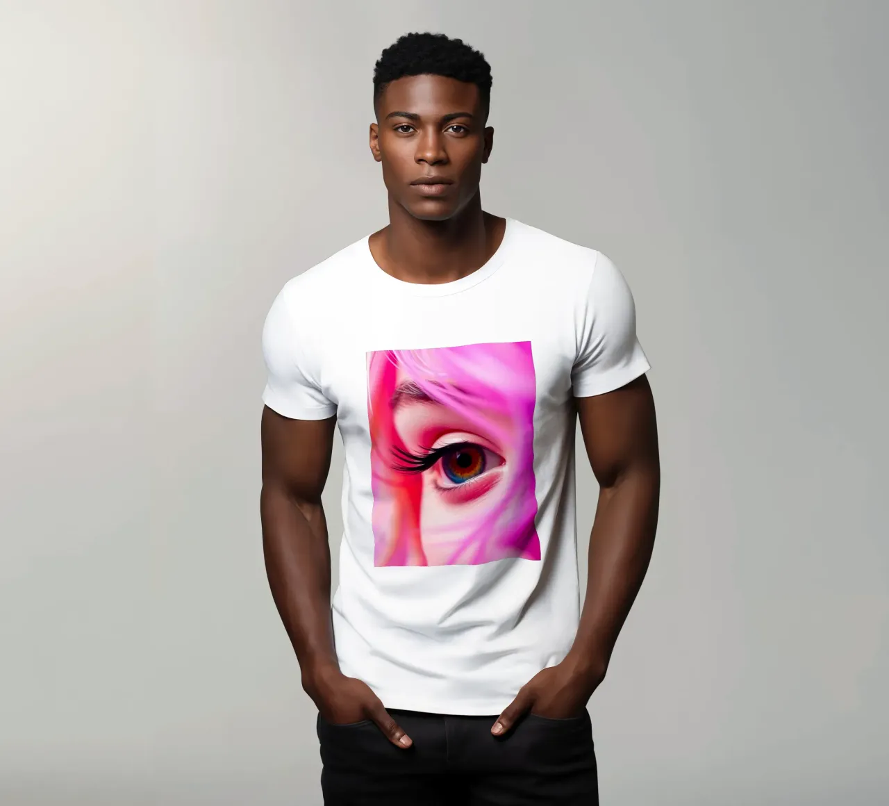 primer plano de un ojo con maquillaje colorido y pelo rosa camiseta de DesignDoodle
