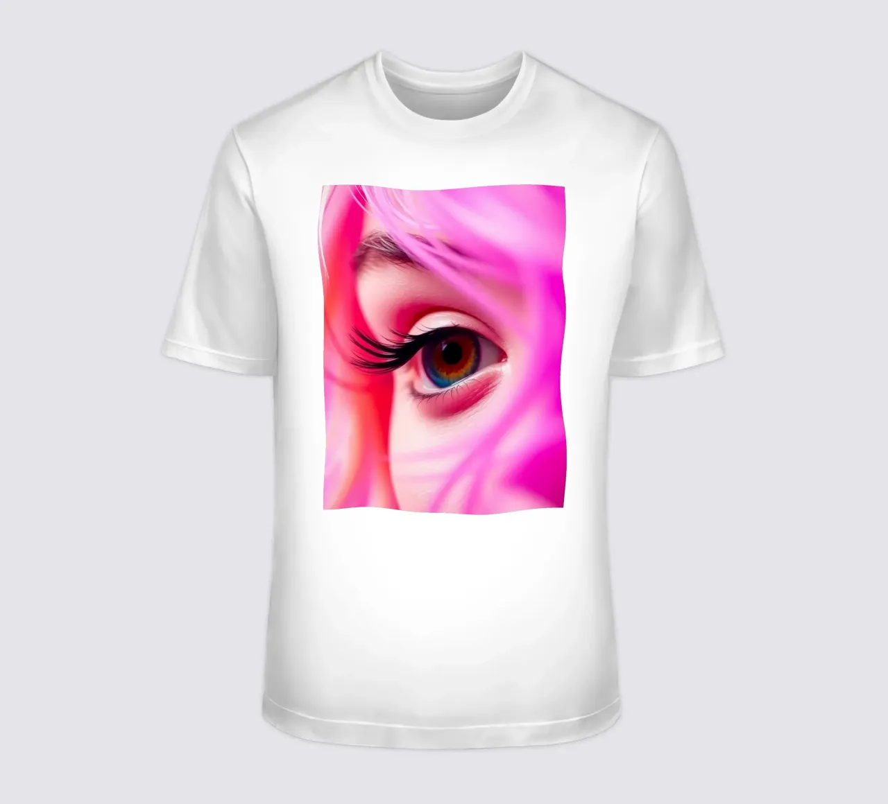 primer plano de un ojo con maquillaje colorido y pelo rosa camiseta de DesignDoodle