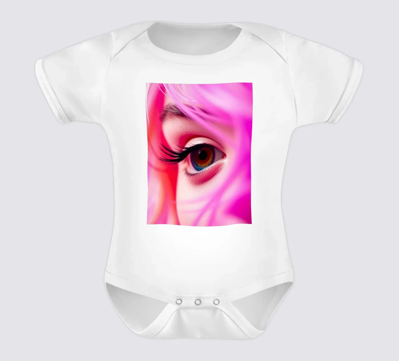 primer plano de un ojo con maquillaje colorido y pelo rosa body de bebé de DesignDoodle