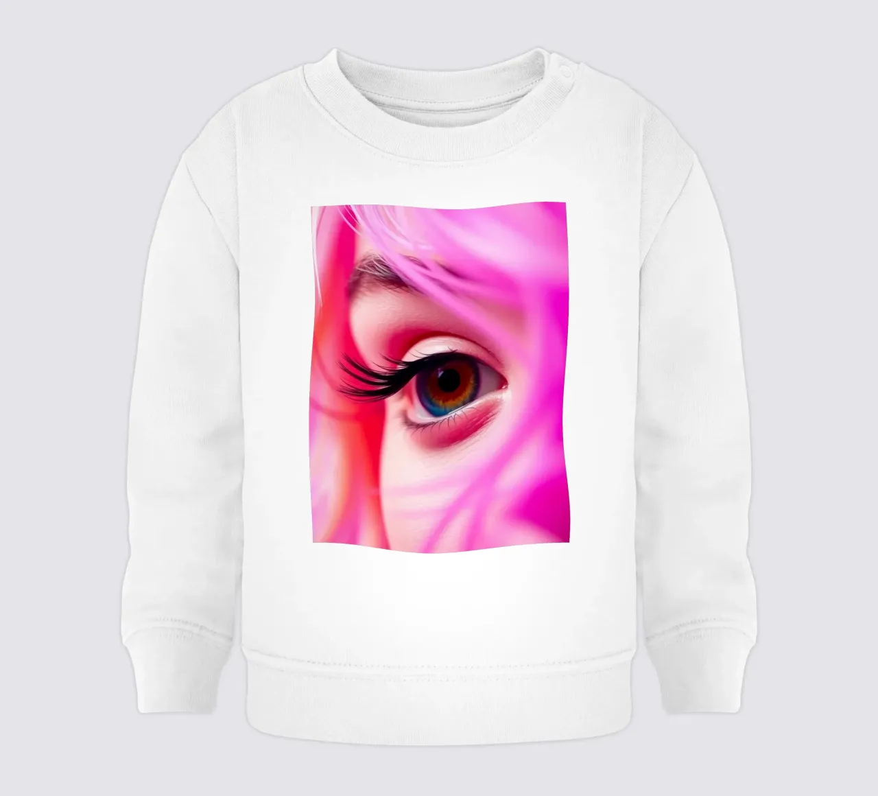 primer plano de un ojo con maquillaje colorido y pelo rosa sudadera de bebé de DesignDoodle