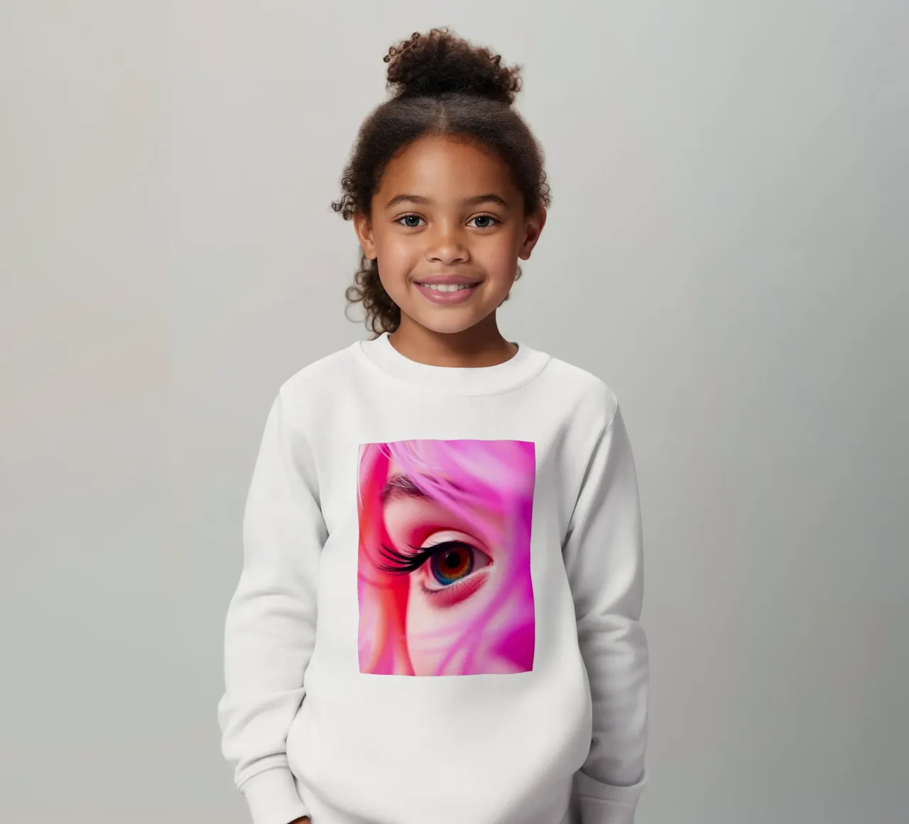 primer plano de un ojo con maquillaje colorido y pelo rosa sudadera para niño de DesignDoodle
