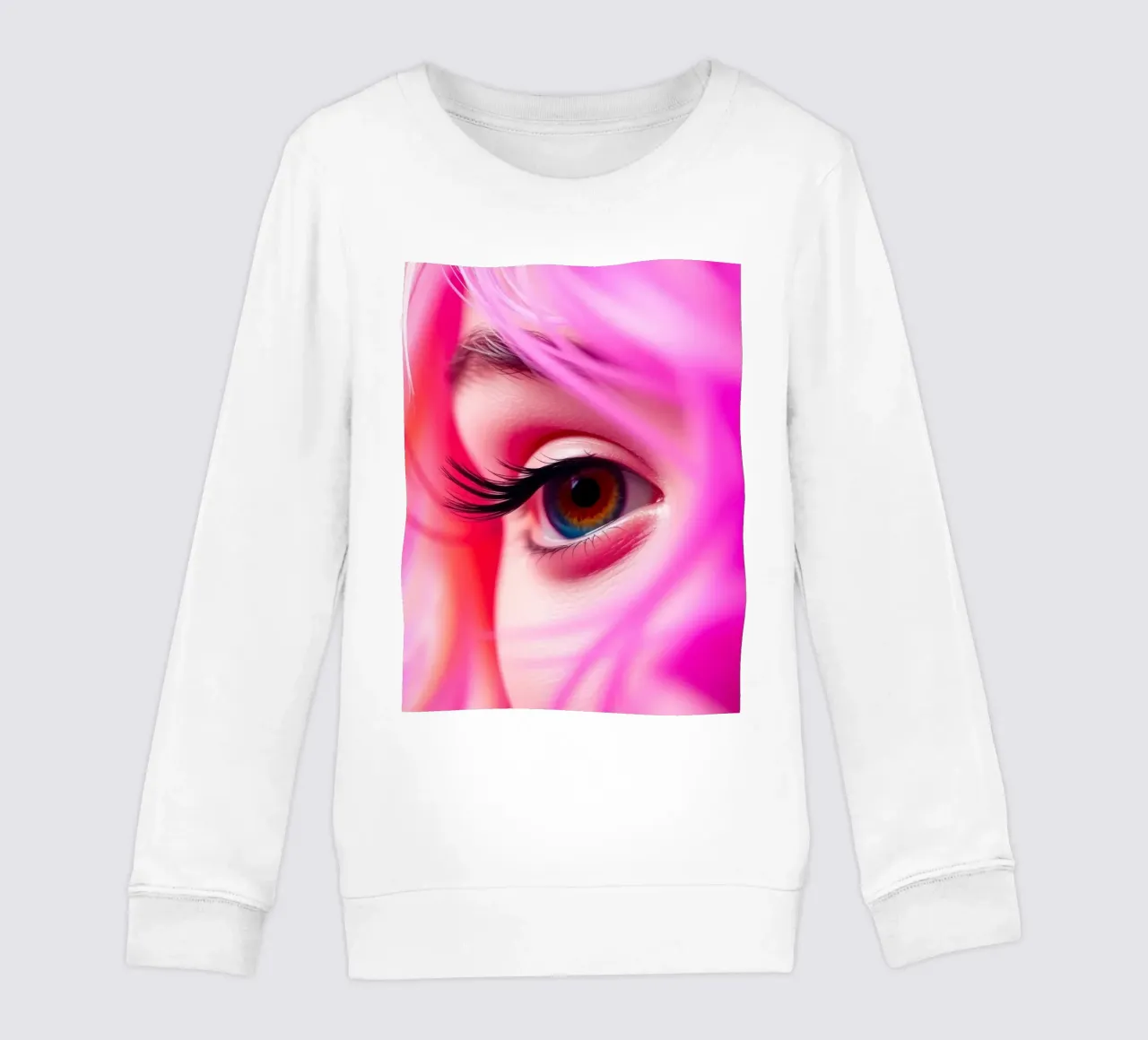primer plano de un ojo con maquillaje colorido y pelo rosa sudadera para niño de DesignDoodle