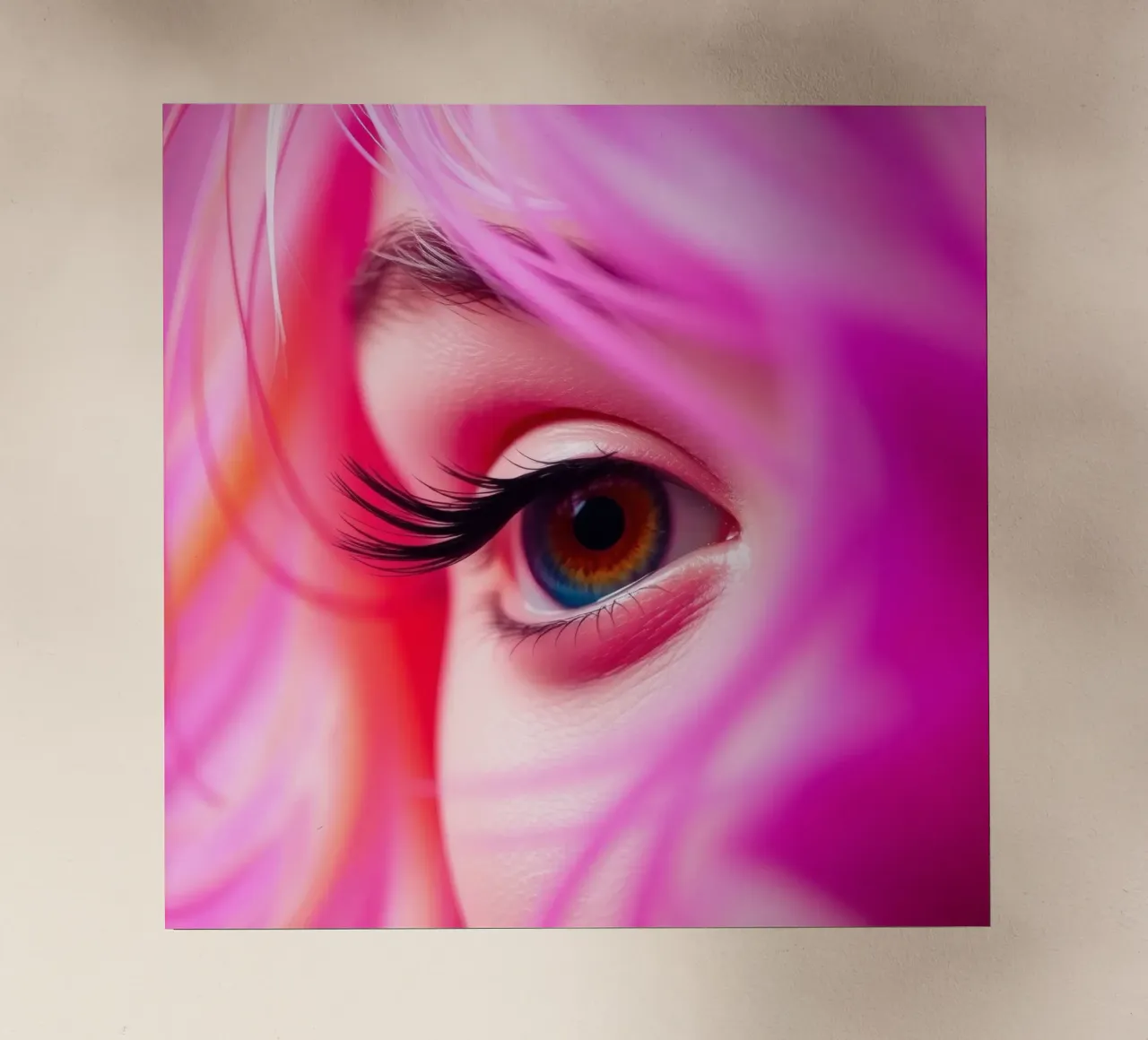 primo piano di un occhio con trucco colorato e capelli rosa pellicola backlit da DesignDoodle