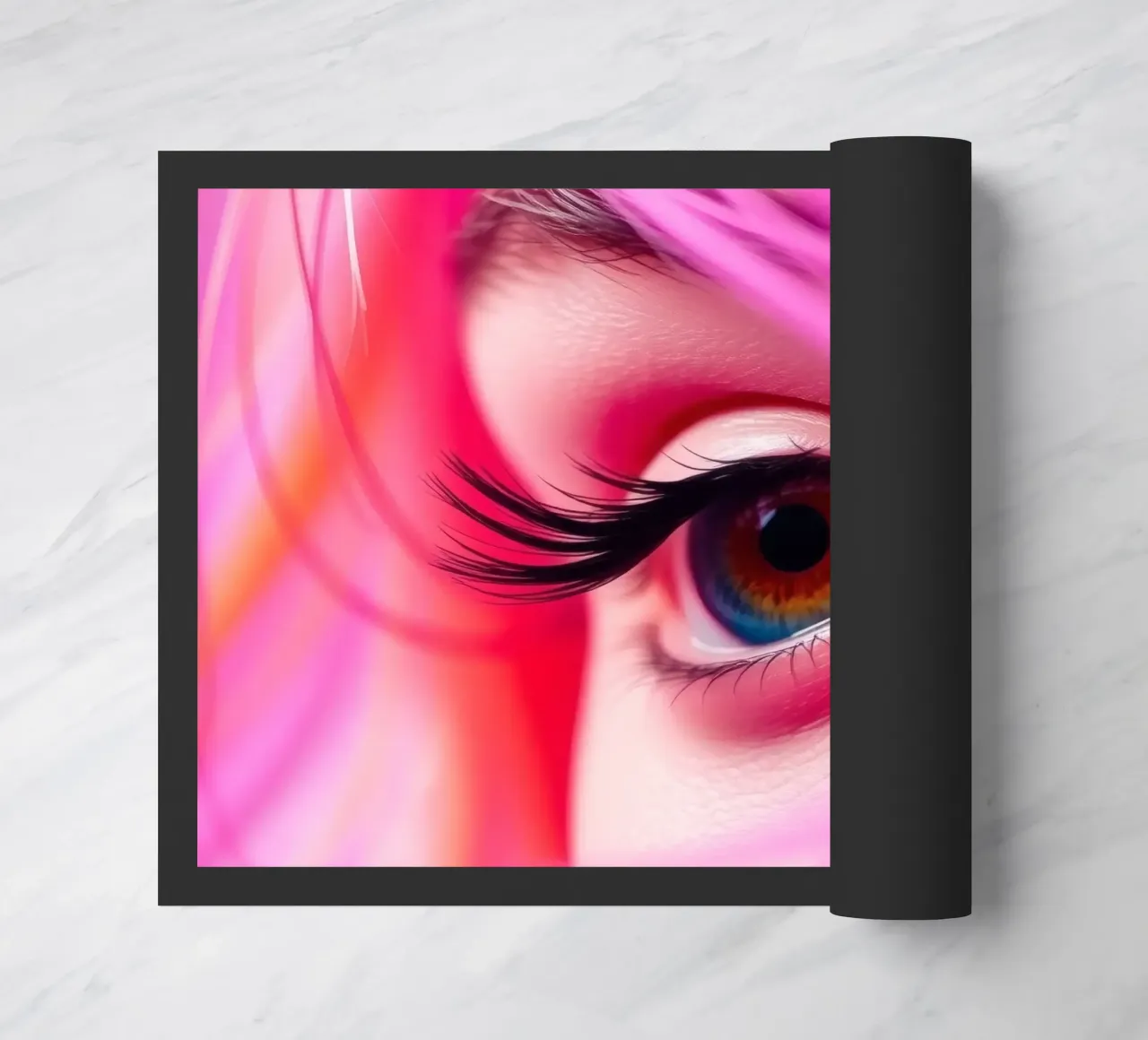 primer plano de un ojo con maquillaje colorido y pelo rosa felpudo de DesignDoodle