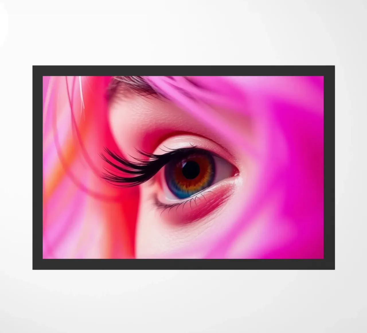 primer plano de un ojo con maquillaje colorido y pelo rosa felpudo de DesignDoodle