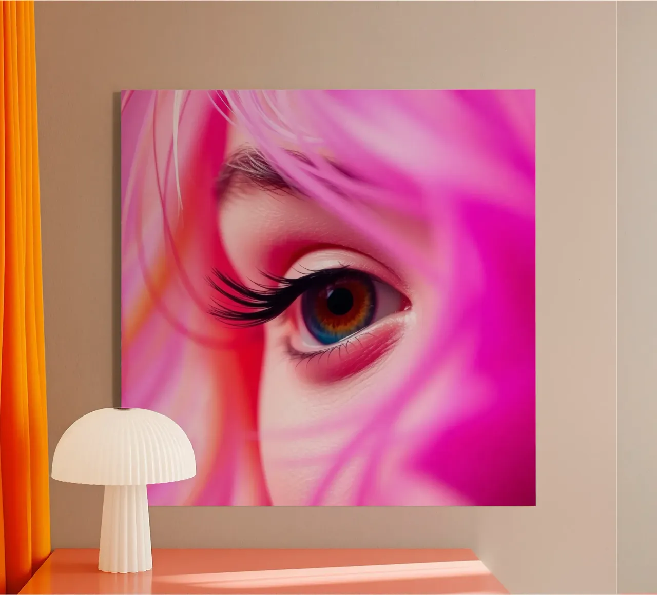 primer plano de un ojo con maquillaje colorido y pelo rosa metacrilato de DesignDoodle