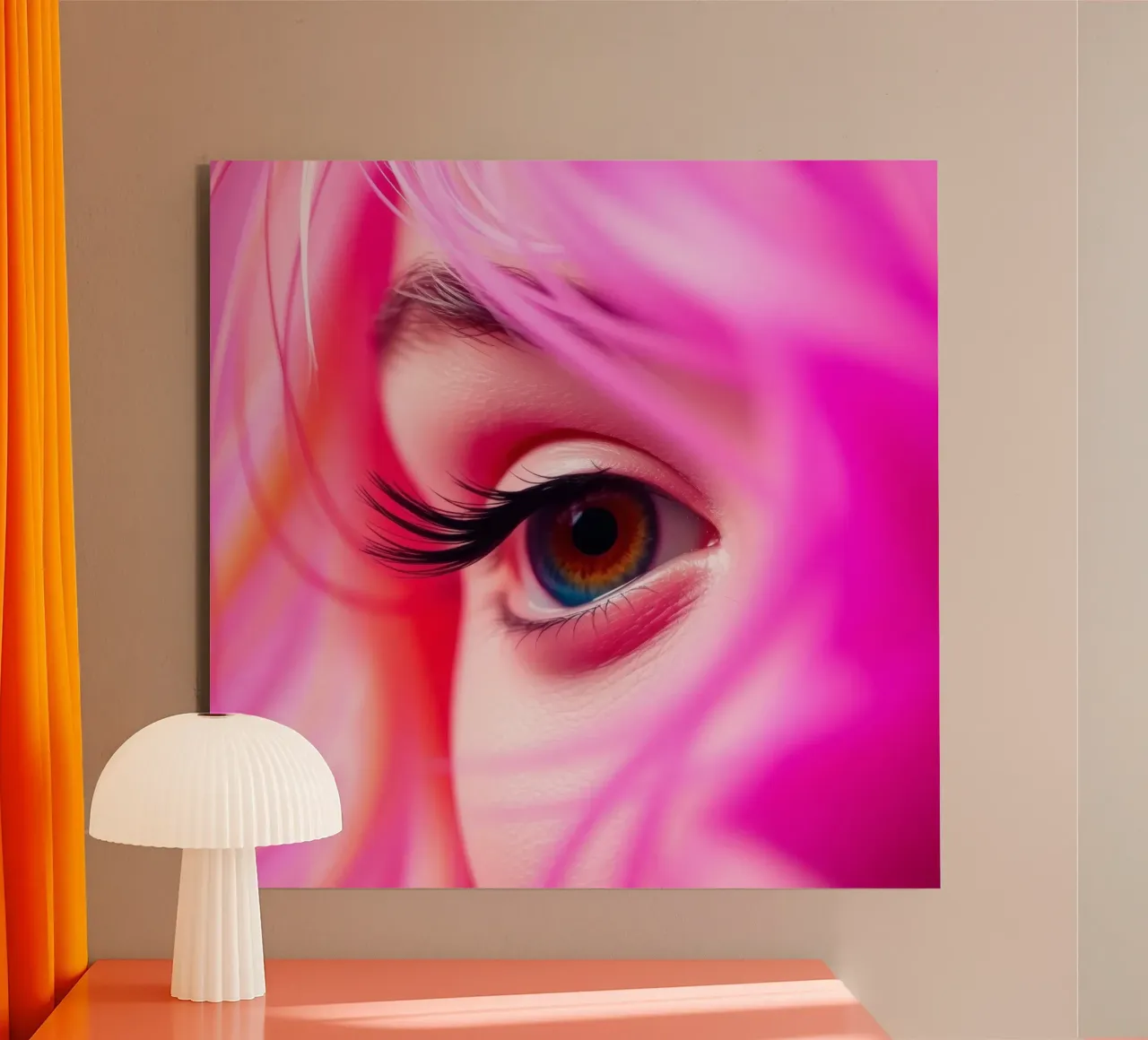 primer plano de un ojo con maquillaje colorido y pelo rosa aluminio dibond de DesignDoodle
