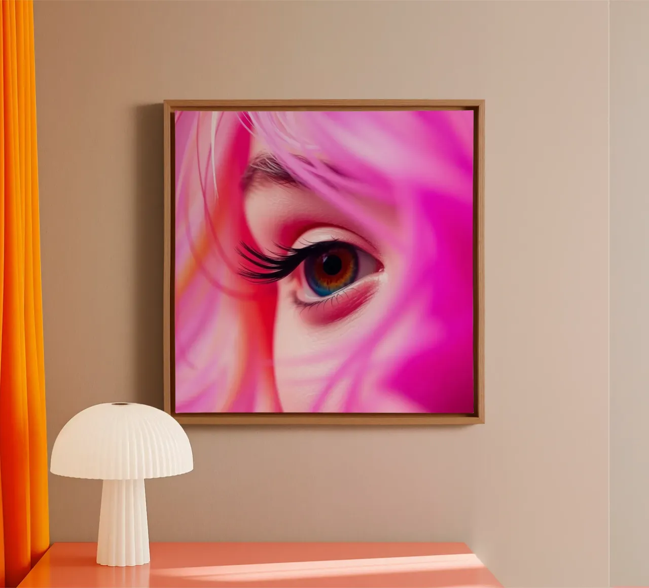 close-up van een oog met kleurrijke make-up en roze haar canvas met Baklijst van DesignDoodle