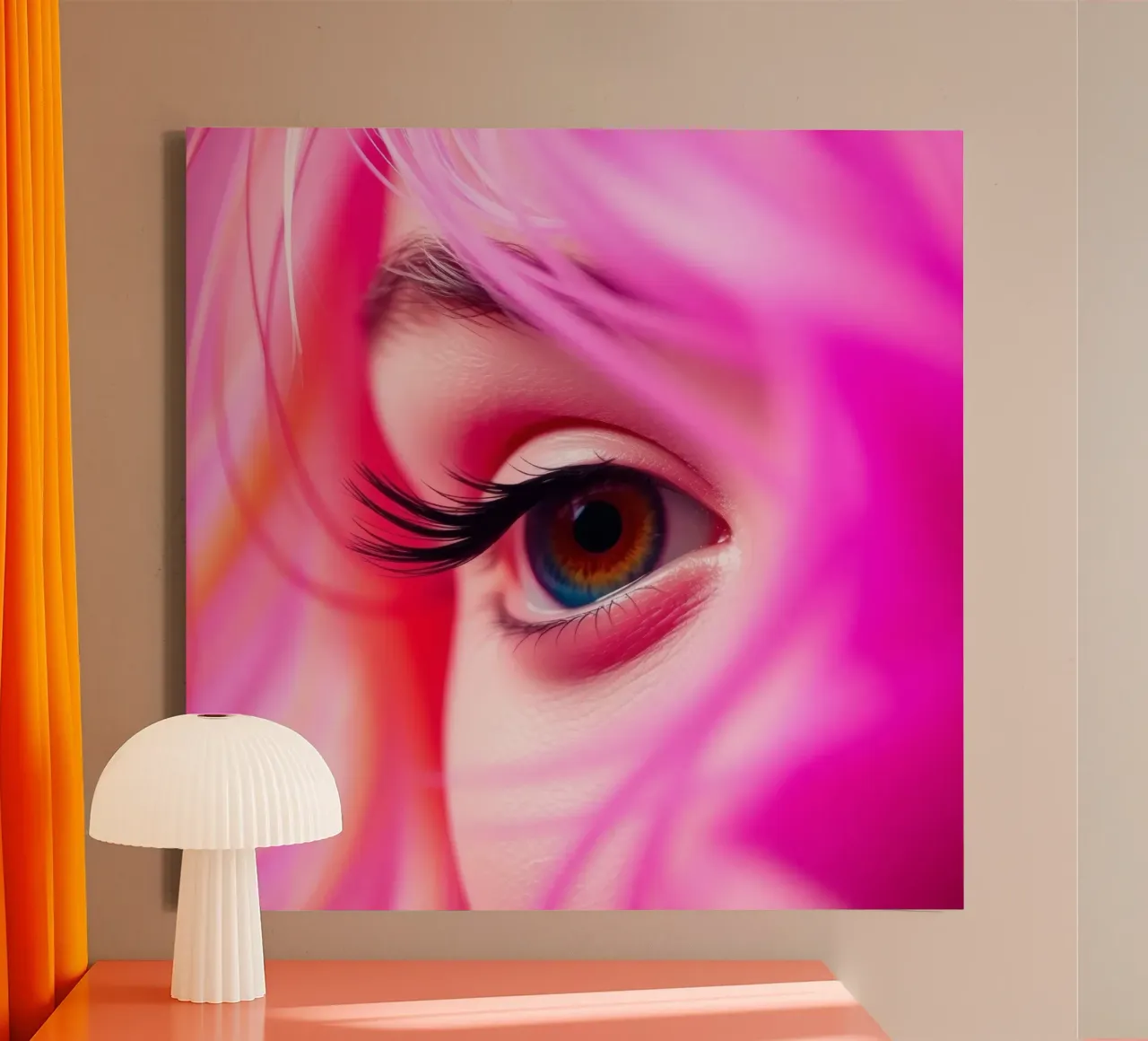 close-up van een oog met kleurrijke make-up en roze haar canvas met Baklijst van DesignDoodle