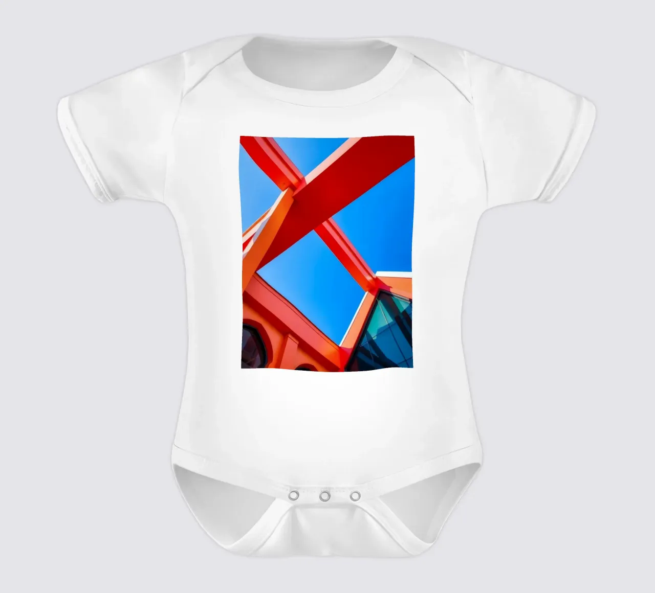 geometric architecture under clear blue sky captures modern short-sleeve baby romper by DesignDoodle