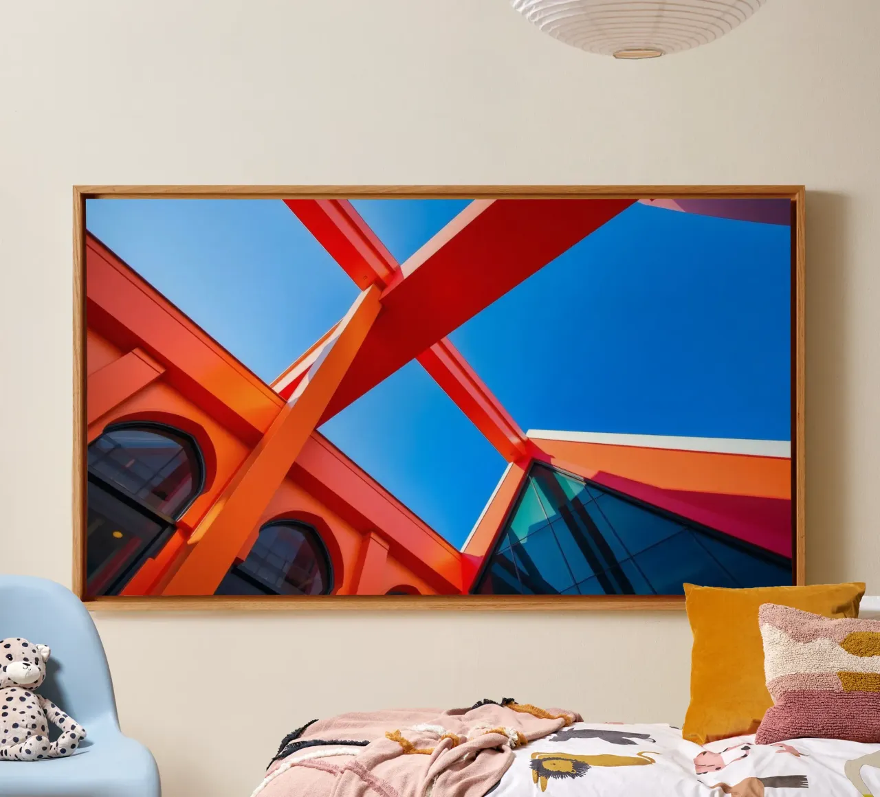 geometric architecture under clear blue sky captures modern canvas with Floater frame by DesignDoodle