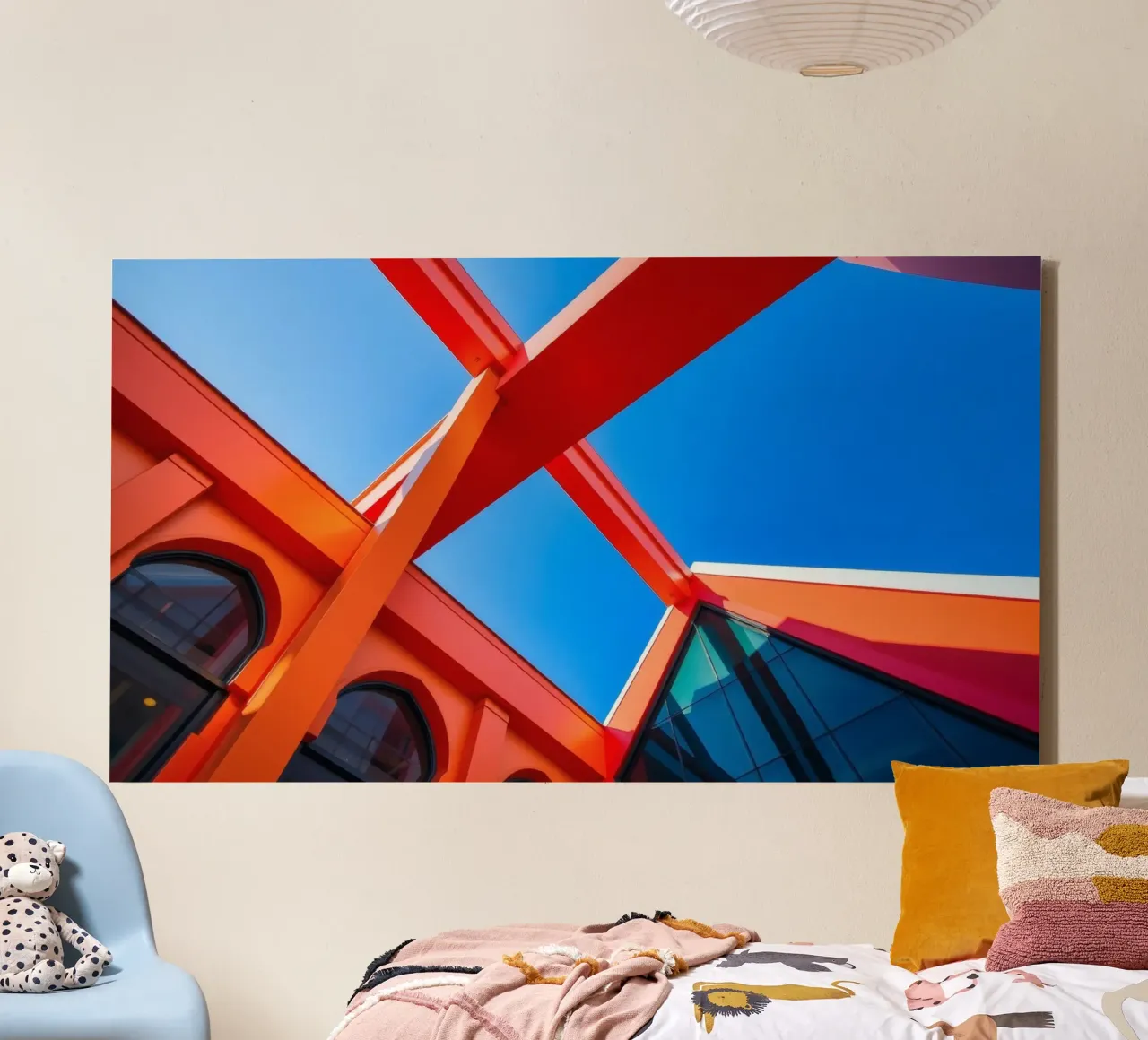 geometric architecture under clear blue sky captures modern canvas with Floater frame by DesignDoodle