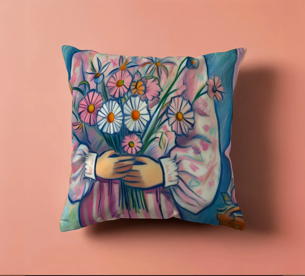 DONNA CALMA CON FIORI IN MANO RITRATTO cuscino da ARTOMATIC