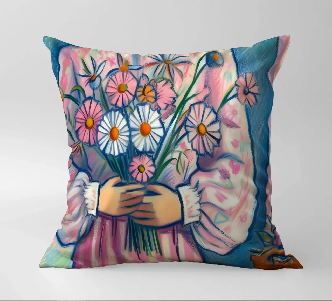 DONNA CALMA CON FIORI IN MANO RITRATTO cuscino da ARTOMATIC
