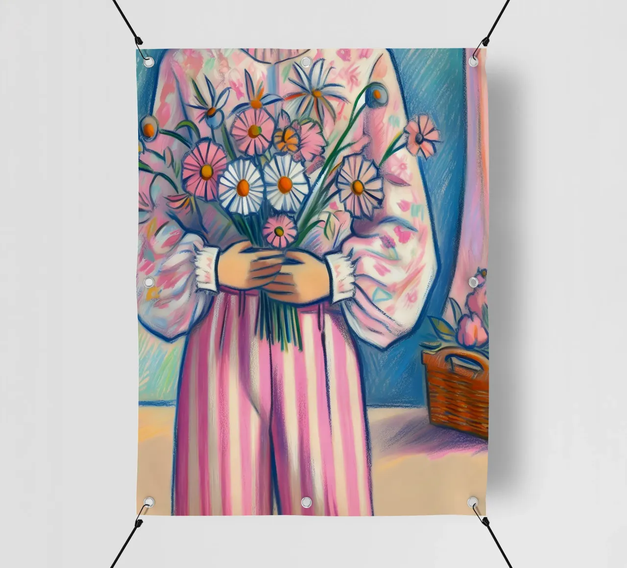 DONNA CALMA CON FIORI IN MANO RITRATTO telo in pvc da ARTOMATIC