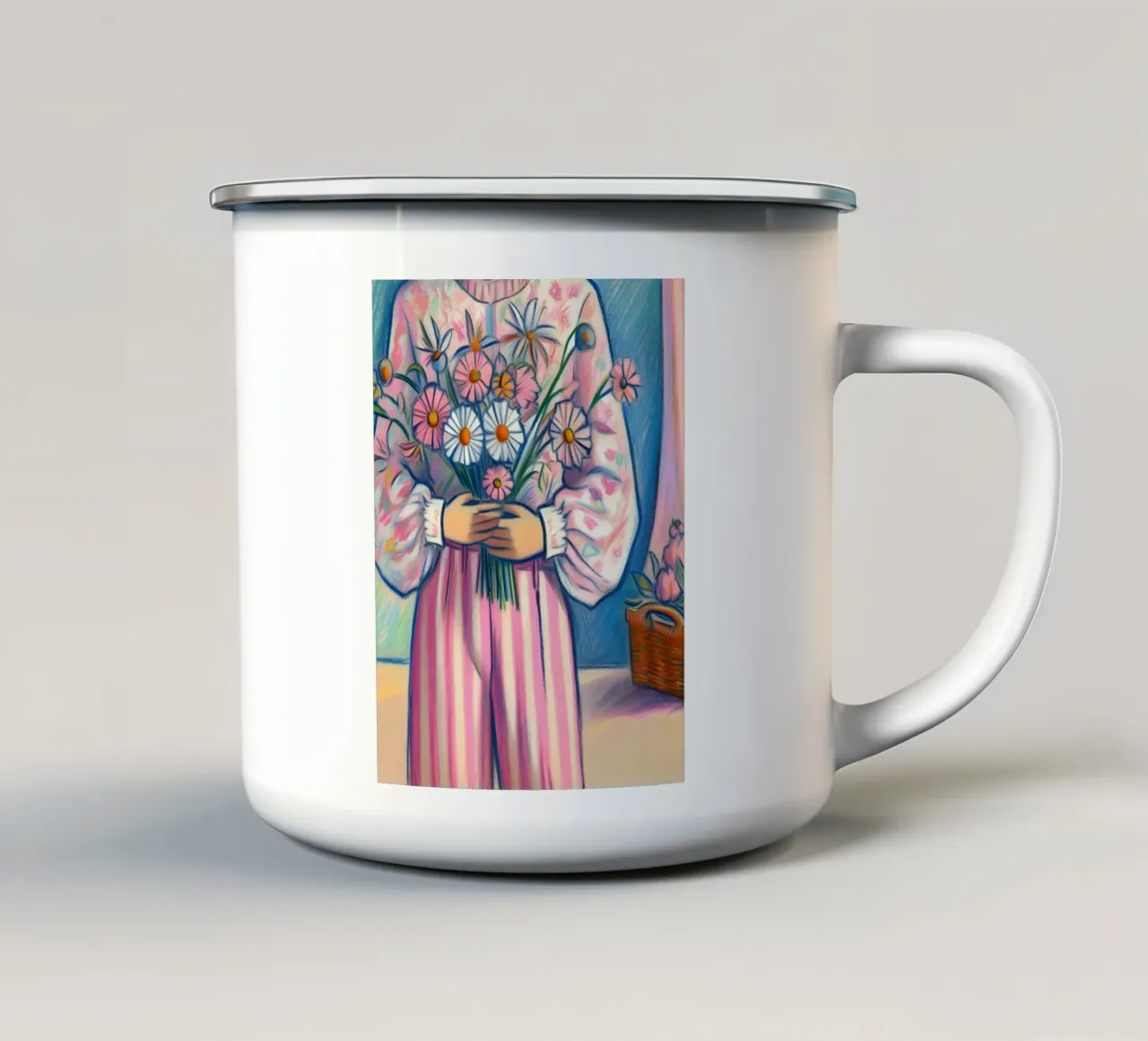 DONNA CALMA CON FIORI IN MANO RITRATTO tazza in smalto da ARTOMATIC