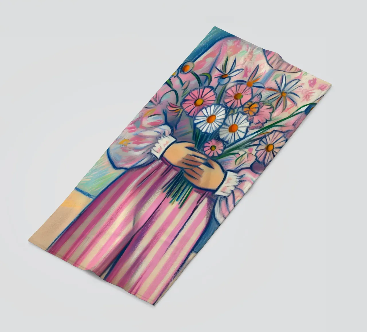 DONNA CALMA CON FIORI IN MANO RITRATTO telo mare da ARTOMATIC