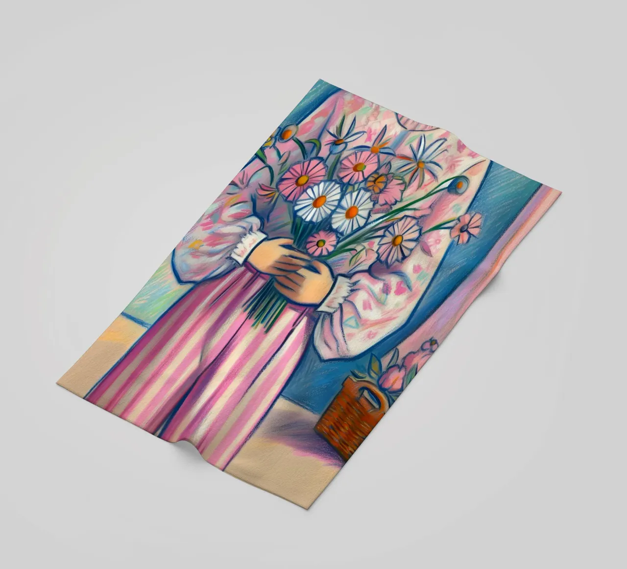 DONNA CALMA CON FIORI IN MANO RITRATTO telo mare da ARTOMATIC