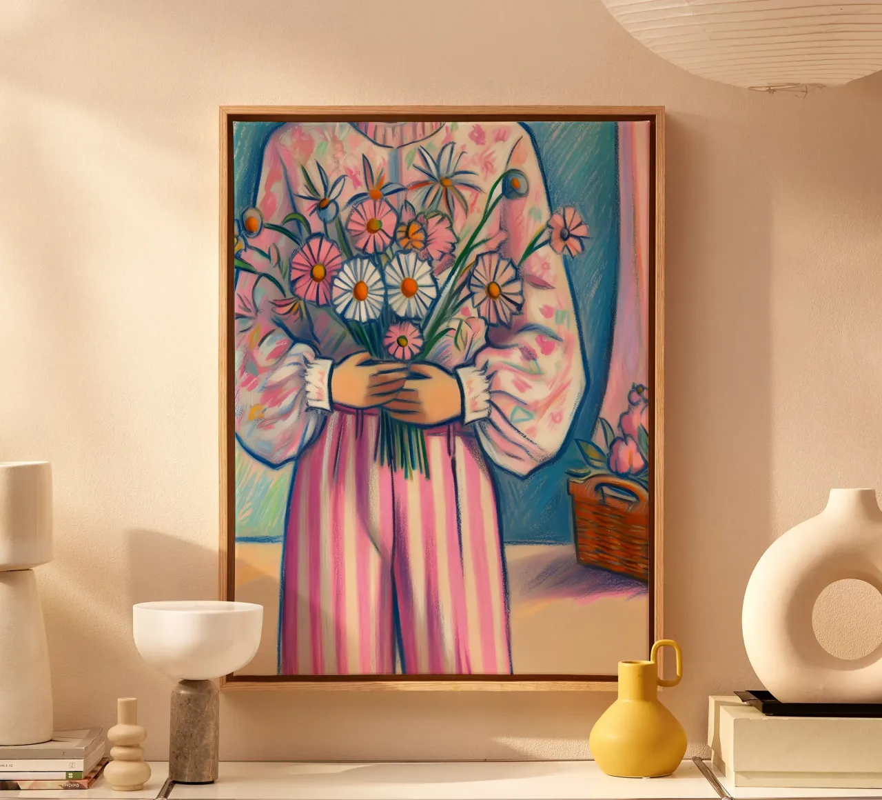 DONNA CALMA CON FIORI IN MANO RITRATTO tela con Cornice a cassetta da ARTOMATIC