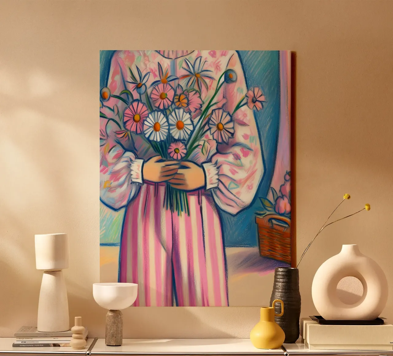 DONNA CALMA CON FIORI IN MANO RITRATTO tela con Cornice a cassetta da ARTOMATIC