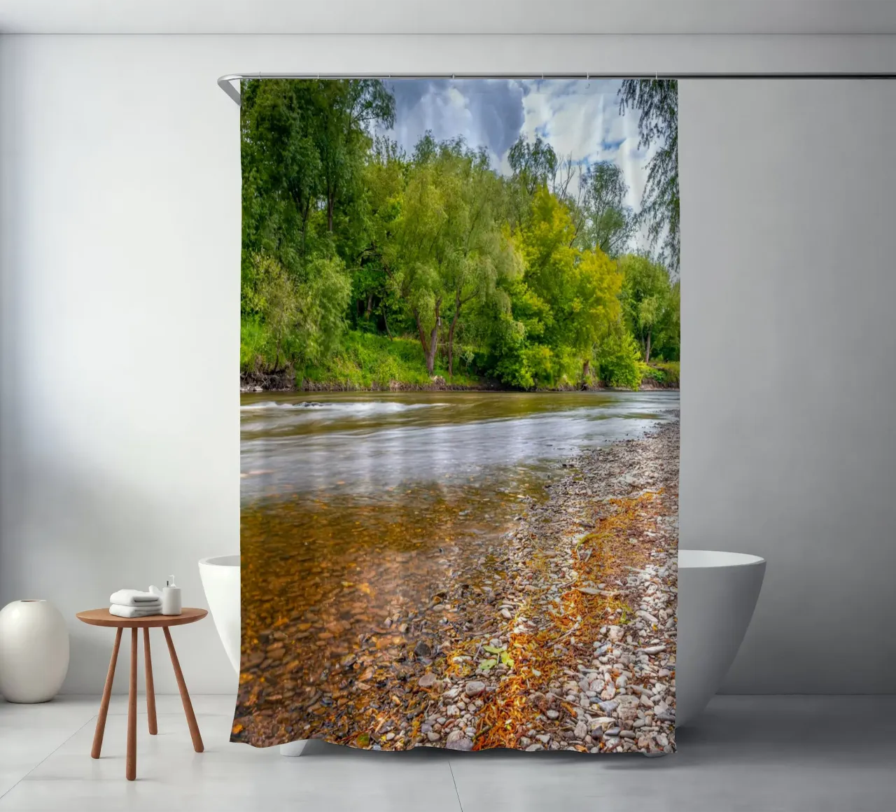 River Saale with pebble beach near Jena in spring shower curtain by Marcus Beckert | Fotografie