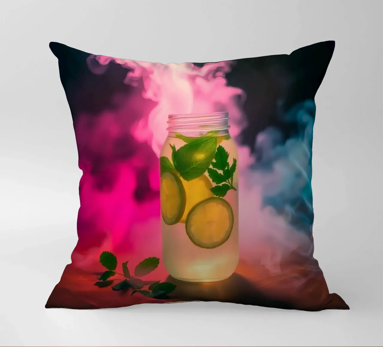 Bevanda rinfrescante con lime e menta circondata da colori cuscino da DesignDoodle