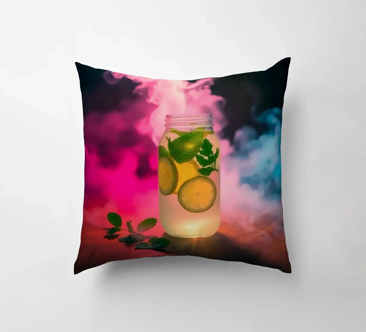 Bevanda rinfrescante con lime e menta circondata da colori cuscino da DesignDoodle