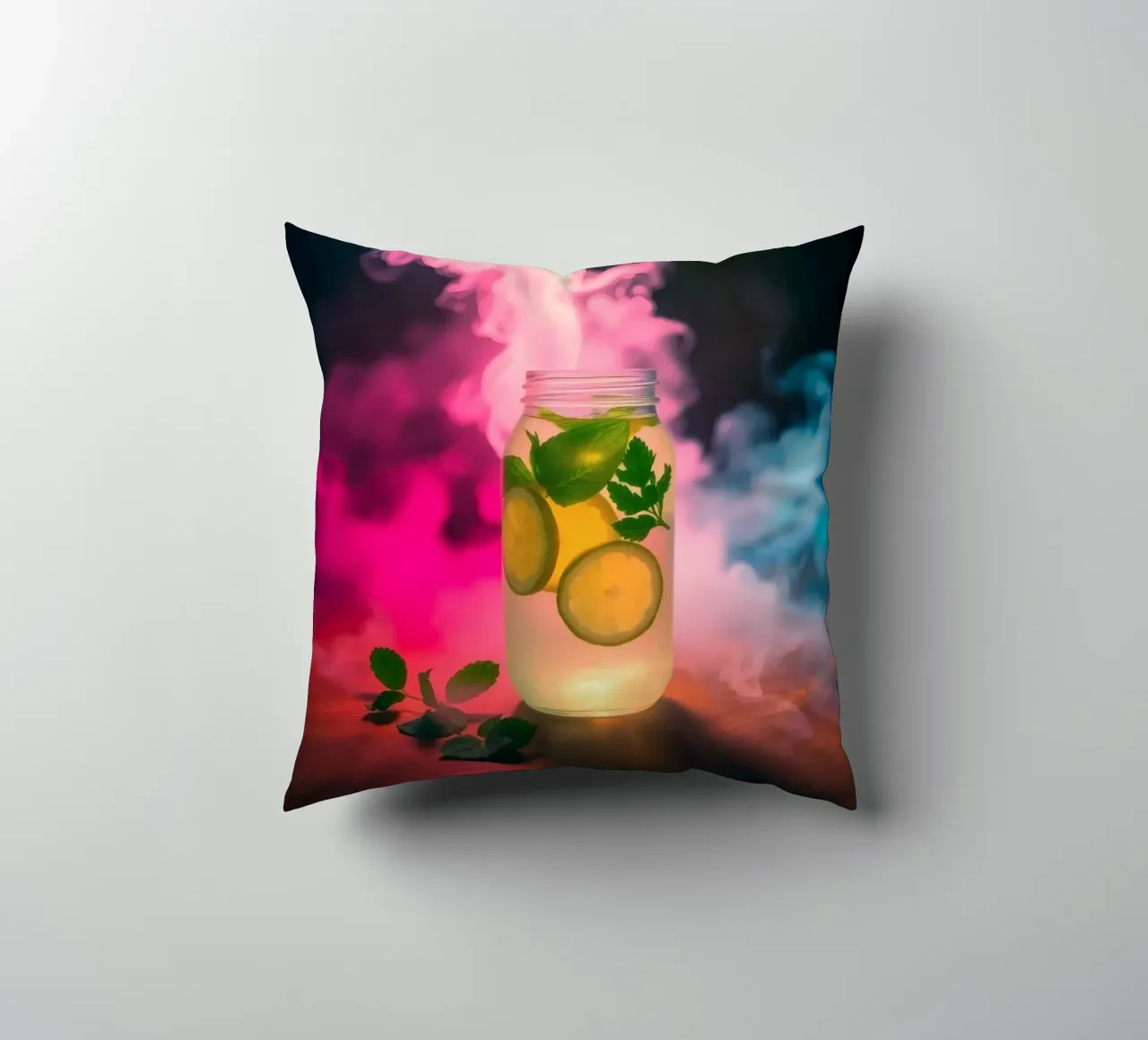 Bevanda rinfrescante con lime e menta circondata da colori cuscino da DesignDoodle