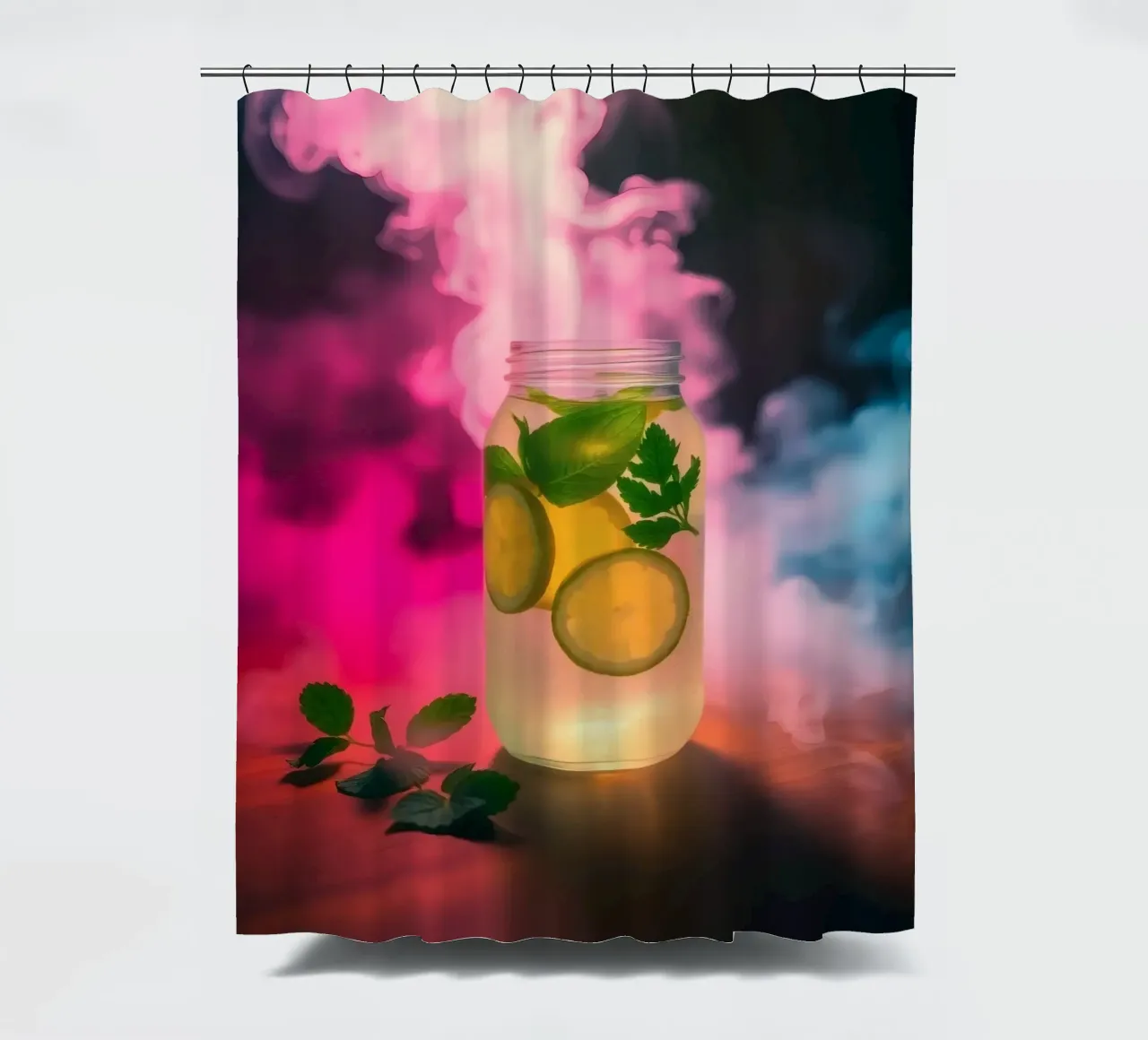 Refreshing beverage with lime and mint surrounded by colorfu shower curtain by DesignDoodle
