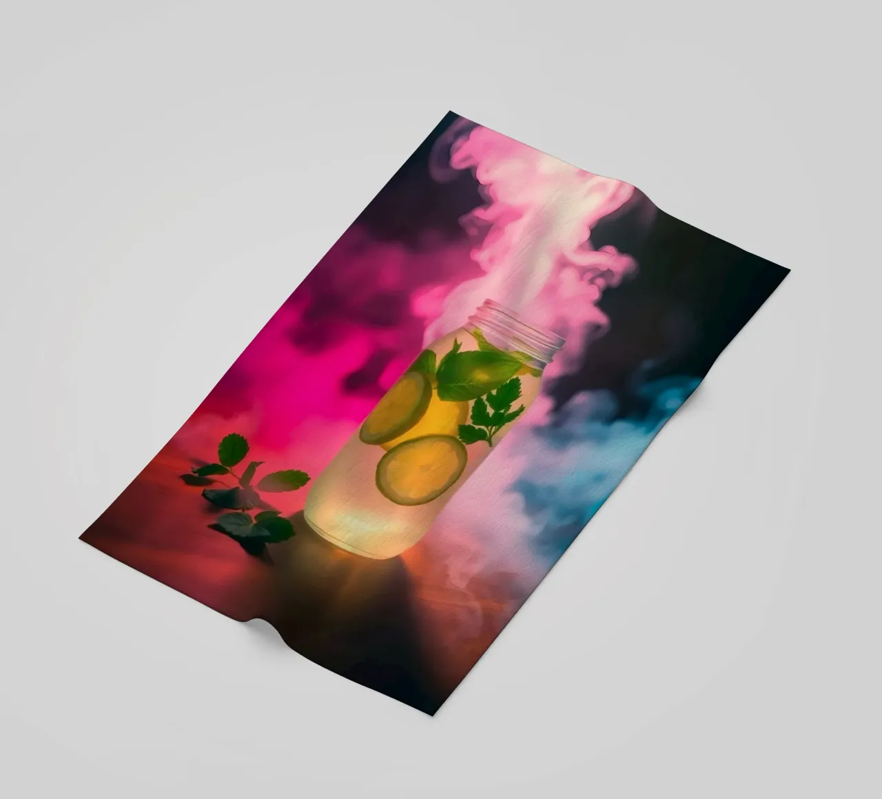 Bevanda rinfrescante con lime e menta circondata da colori telo mare da DesignDoodle