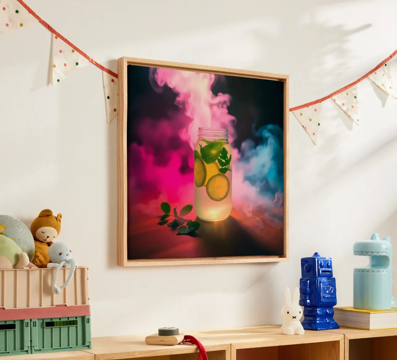Refreshing beverage with lime and mint surrounded by colorfu canvas by DesignDoodle
