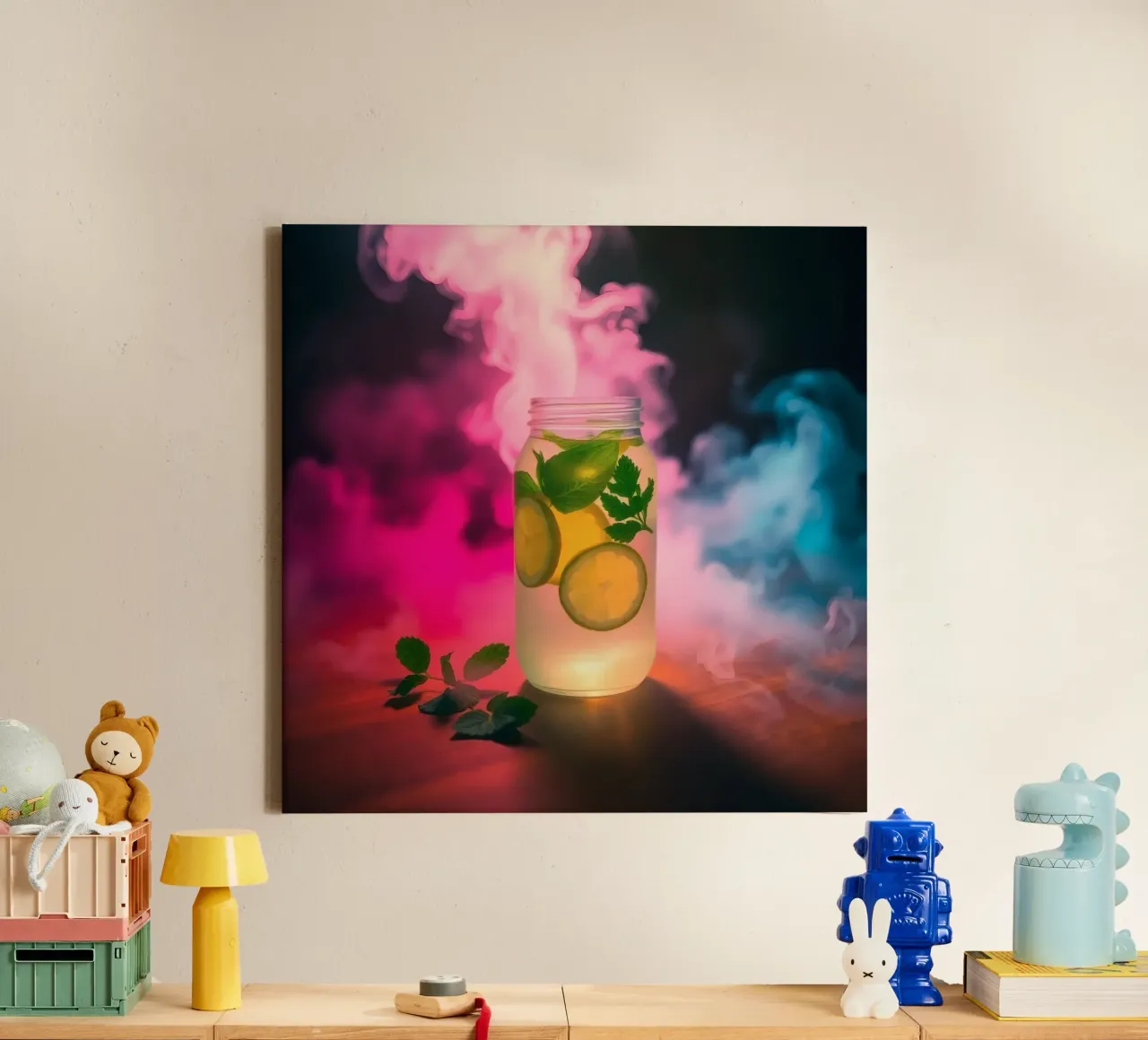 Refreshing beverage with lime and mint surrounded by colorfu canvas by DesignDoodle