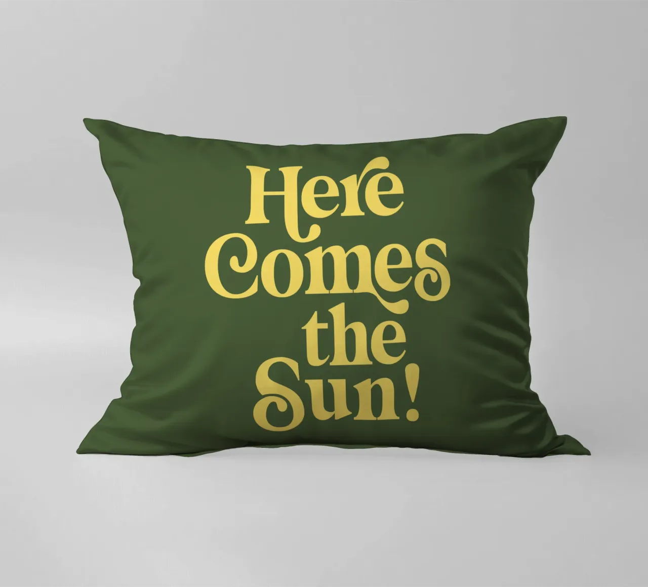 Here Comes the Sun Typography Print in Green and Yellow decorative cushion by THE MOTIVATED TYPE