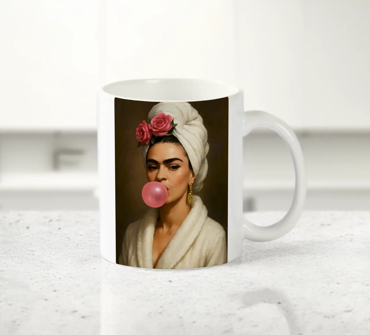 Frida Kahlo Bubble Gum In Bathrobe Portrait ceramic mug by ARTOMATIC
