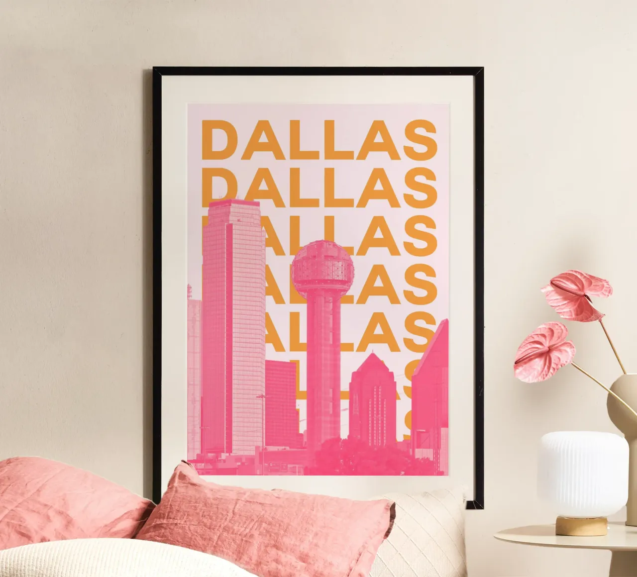 Dallas Texas, città retrò con skyline da viaggio Stampa pop art poster con telaio in plastica da NorwesClub