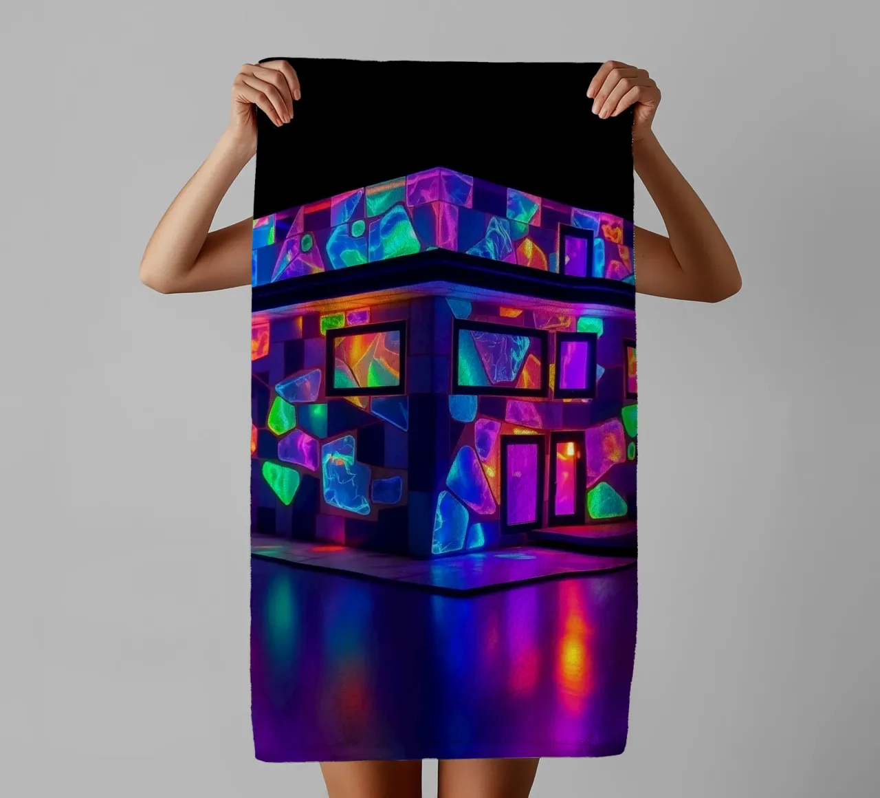 Innovative architectural model illuminated with vibrant neon towel by DesignDoodle