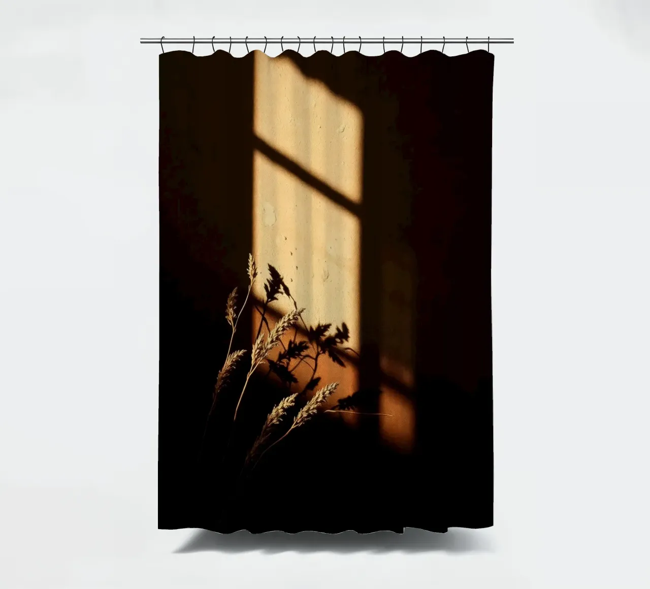 Warm sunlight casts shadows of dried plants shower curtain by DesignDoodle