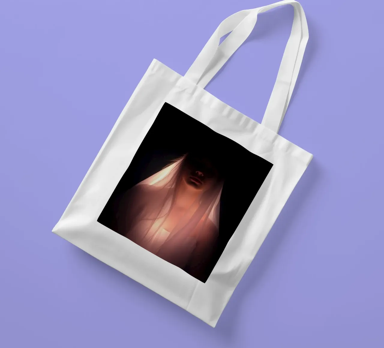figure with a veil illuminated from below in a dark space tote bag by DesignDoodle