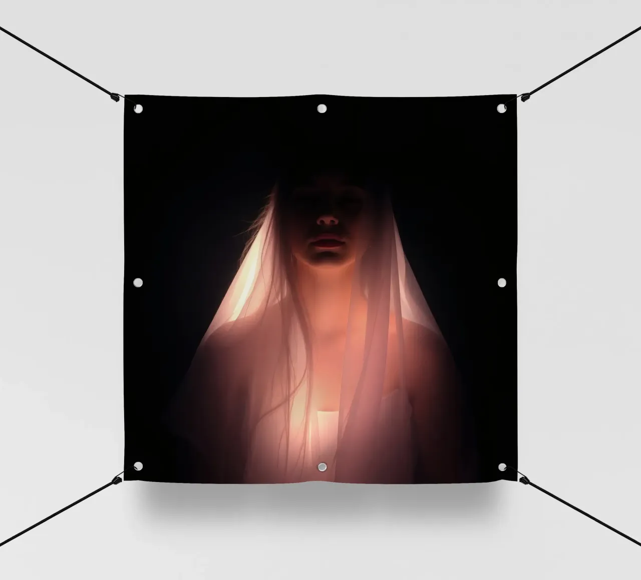 personnage avec un voile éclairé par le bas dans un espace sombre bâche pvc de DesignDoodle