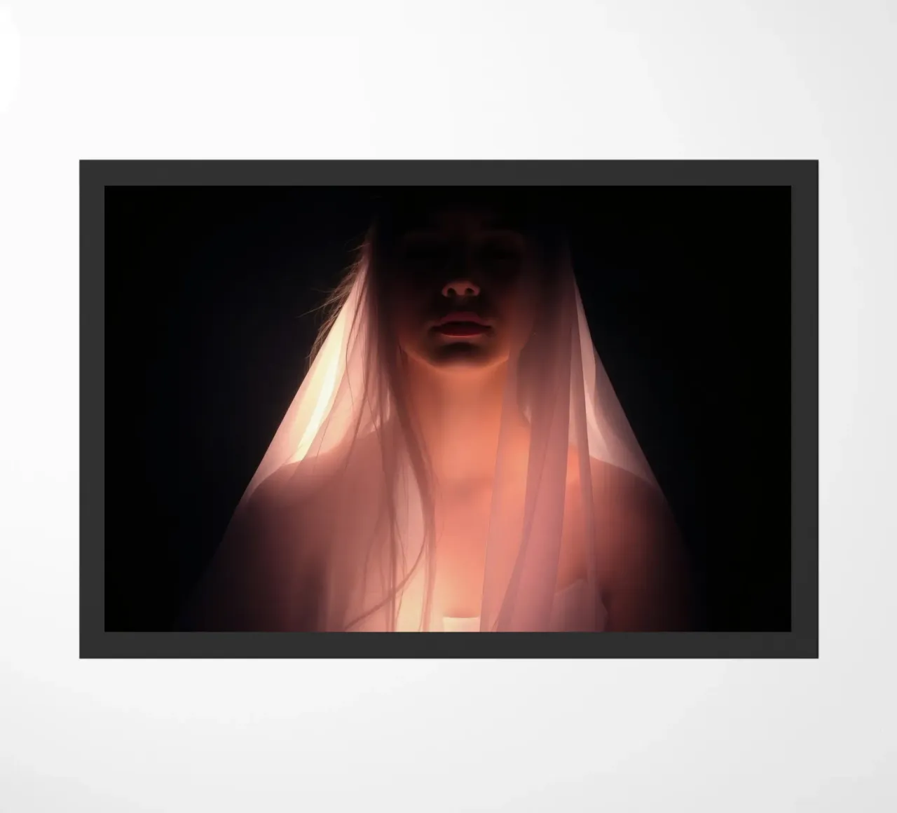 figure with a veil illuminated from below in a dark space doormat by DesignDoodle