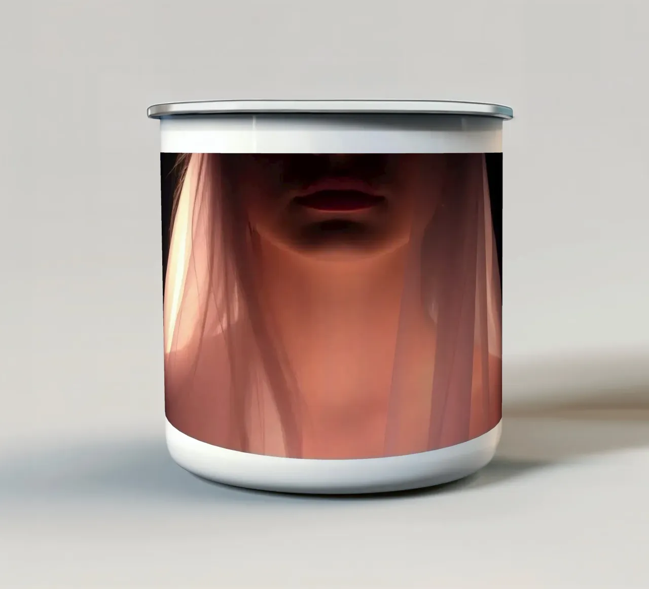 figure with a veil illuminated from below in a dark space enamel mug by DesignDoodle
