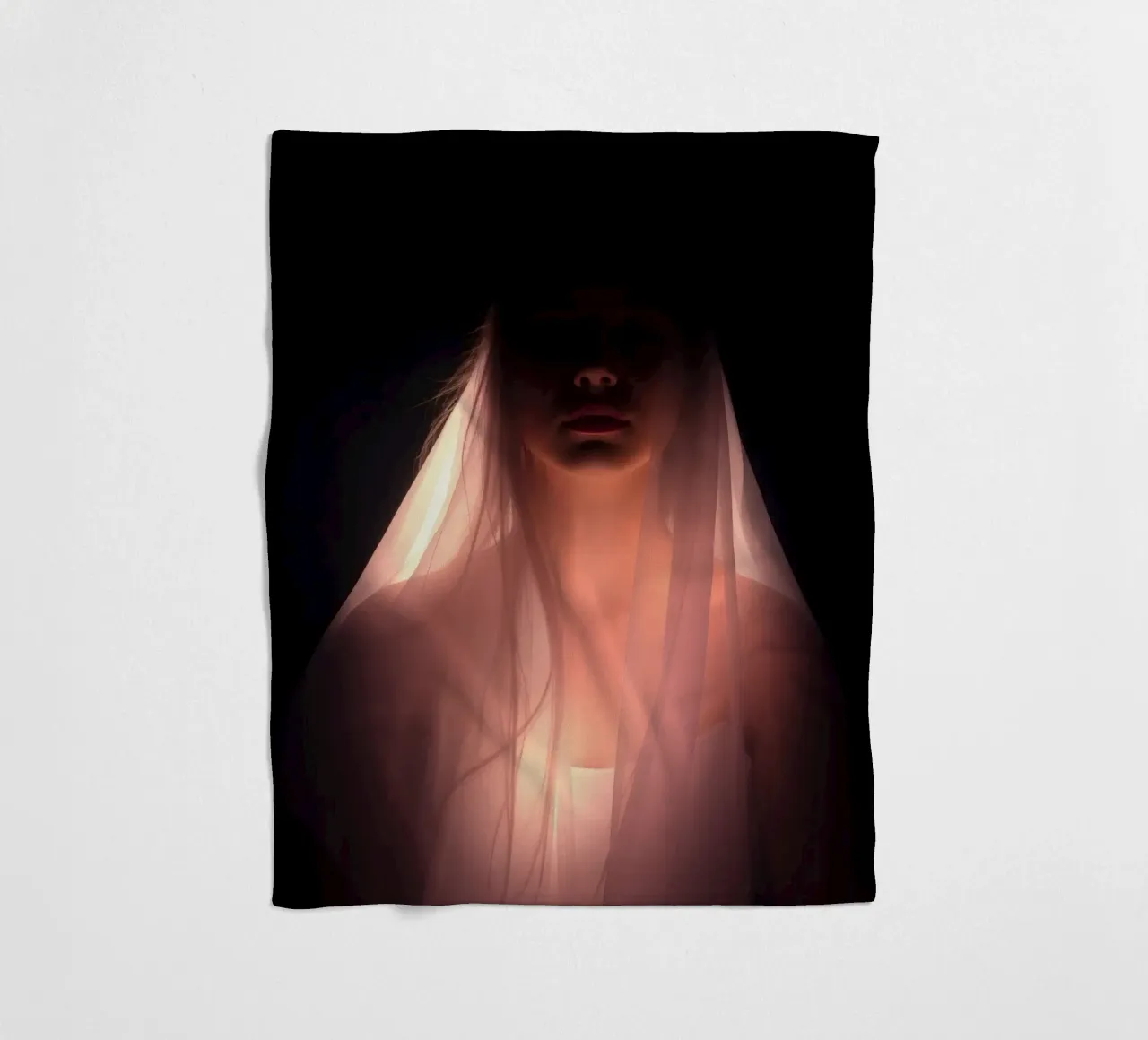 figure with a veil illuminated from below in a dark space fleece blanket by DesignDoodle