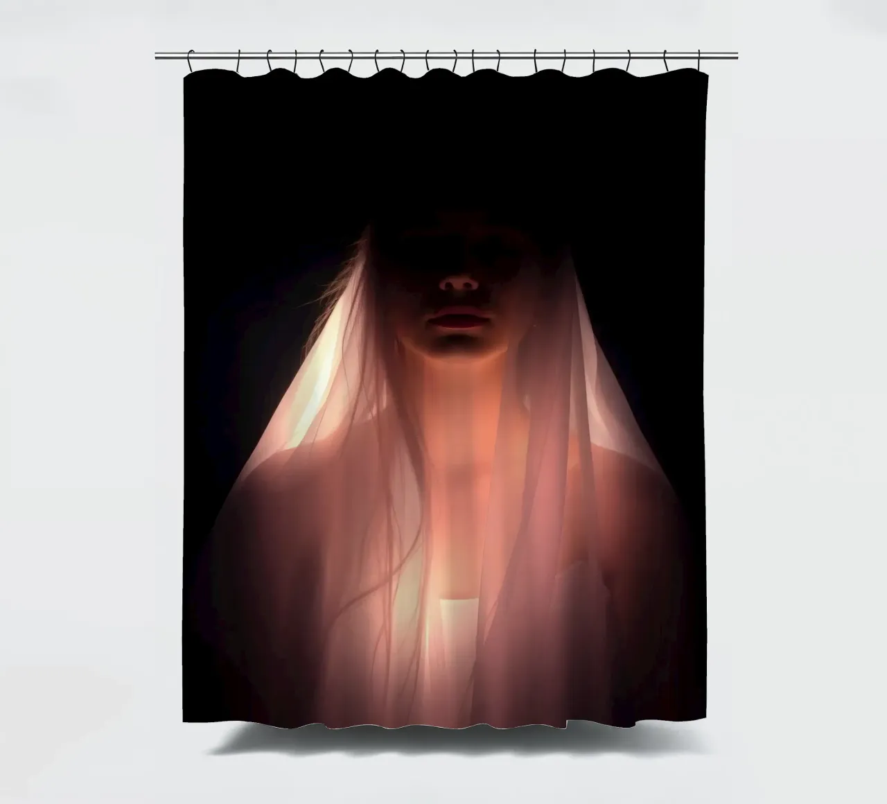 figure with a veil illuminated from below in a dark space shower curtain by DesignDoodle
