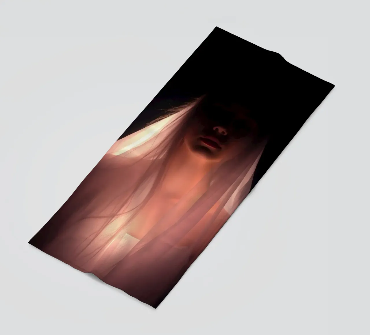figure with a veil illuminated from below in a dark space beach towel by DesignDoodle