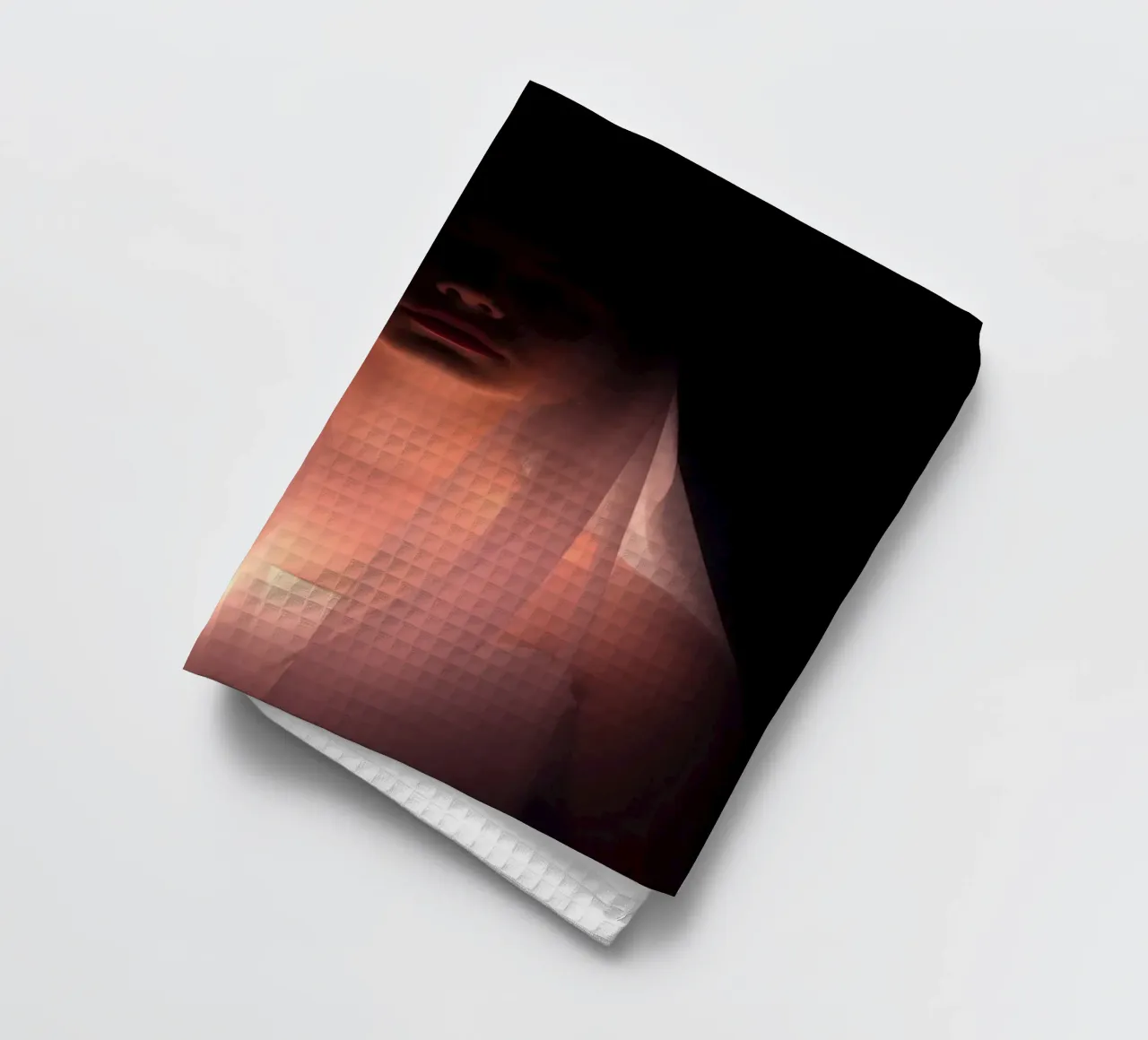 figure with a veil illuminated from below in a dark space tea towel by DesignDoodle